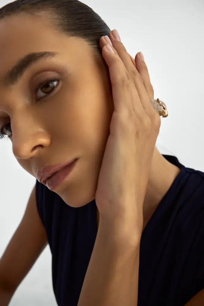 Panter Figürlü Pırlanta Görünümlü 14K Altın Yüzük - 3