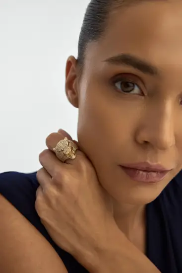 Panter Figürlü Pırlanta Görünümlü 14K Altın Yüzük - (1)
