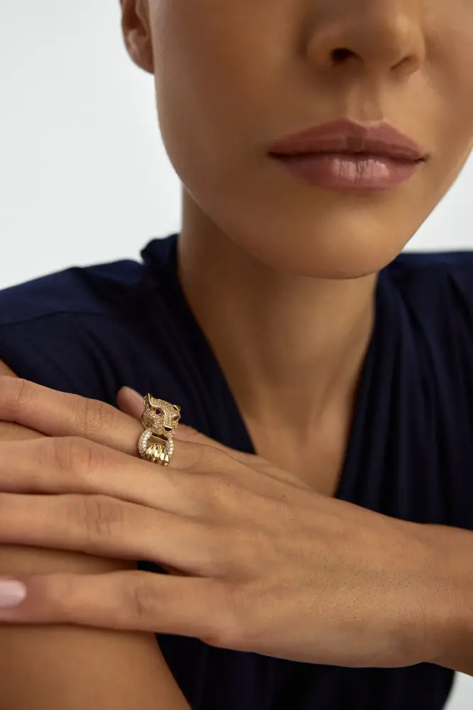 Panter Figürlü Taşlı 14K Altın Yüzük - 2