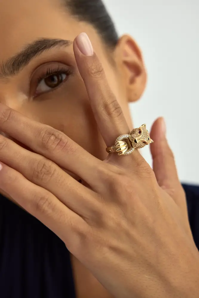 Panter Figürlü Taşlı 14K Altın Yüzük - 3