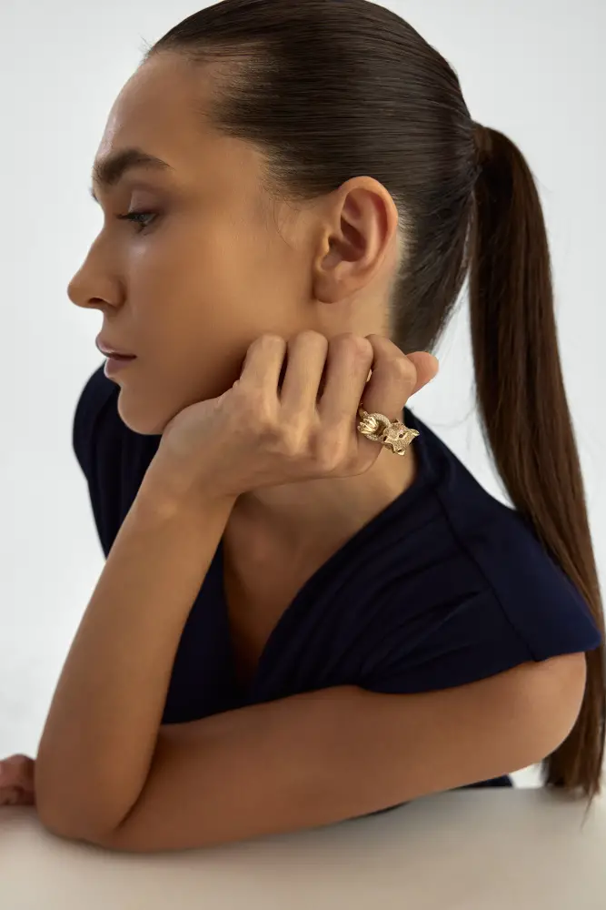 Panter Figürlü Taşlı 14K Altın Yüzük - 5