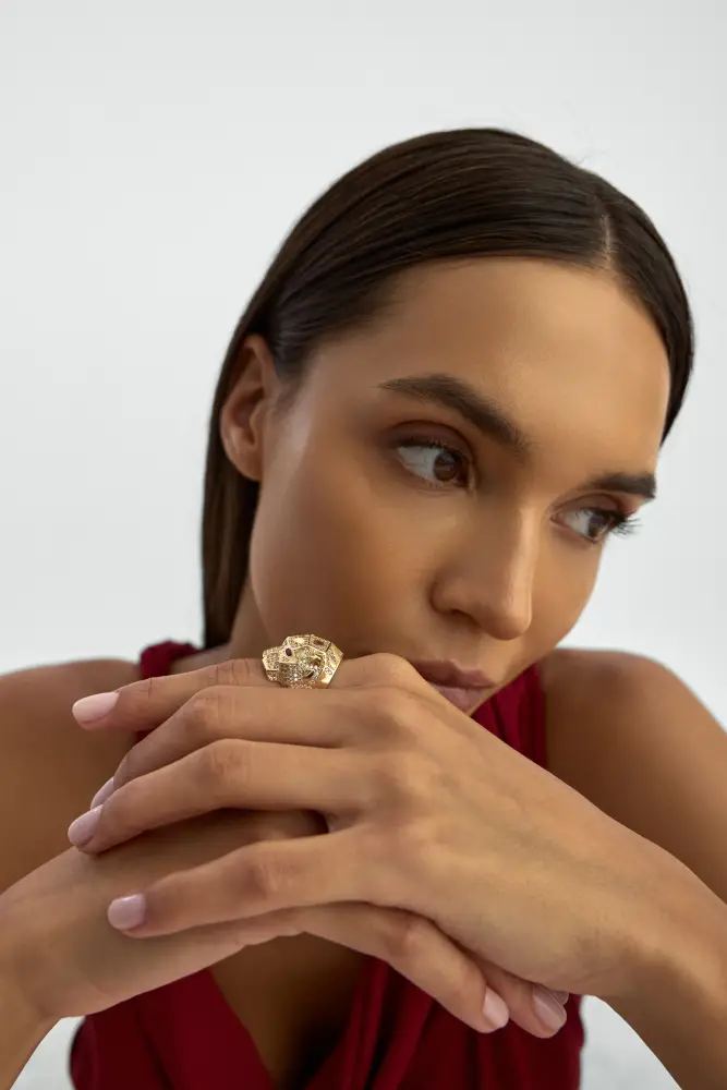 Panter Formlu Taşlı 14K Altın Yüzük - 4