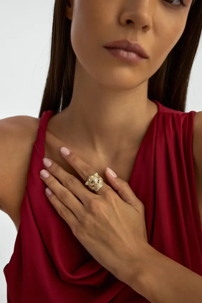 Panter Formlu Taşlı 14K Altın Yüzük - 5