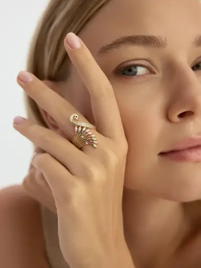 Pavé Taşlı Tavus Kuşu Figürlü 14K Altın Yüzük - (1)