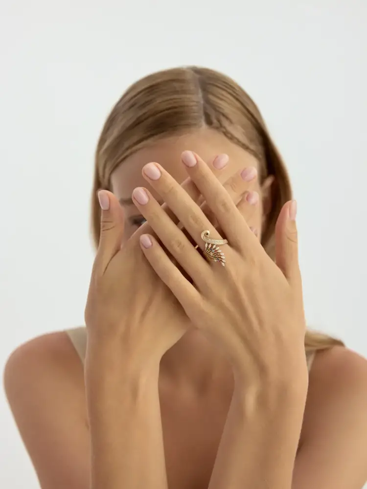 Pavé Taşlı Tavus Kuşu Figürlü 14K Altın Yüzük - 3