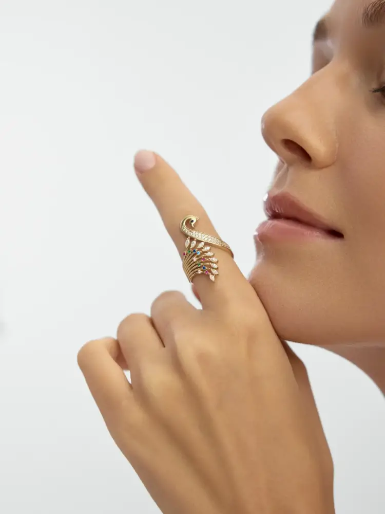 Pavé Taşlı Tavus Kuşu Figürlü 14K Altın Yüzük - 4