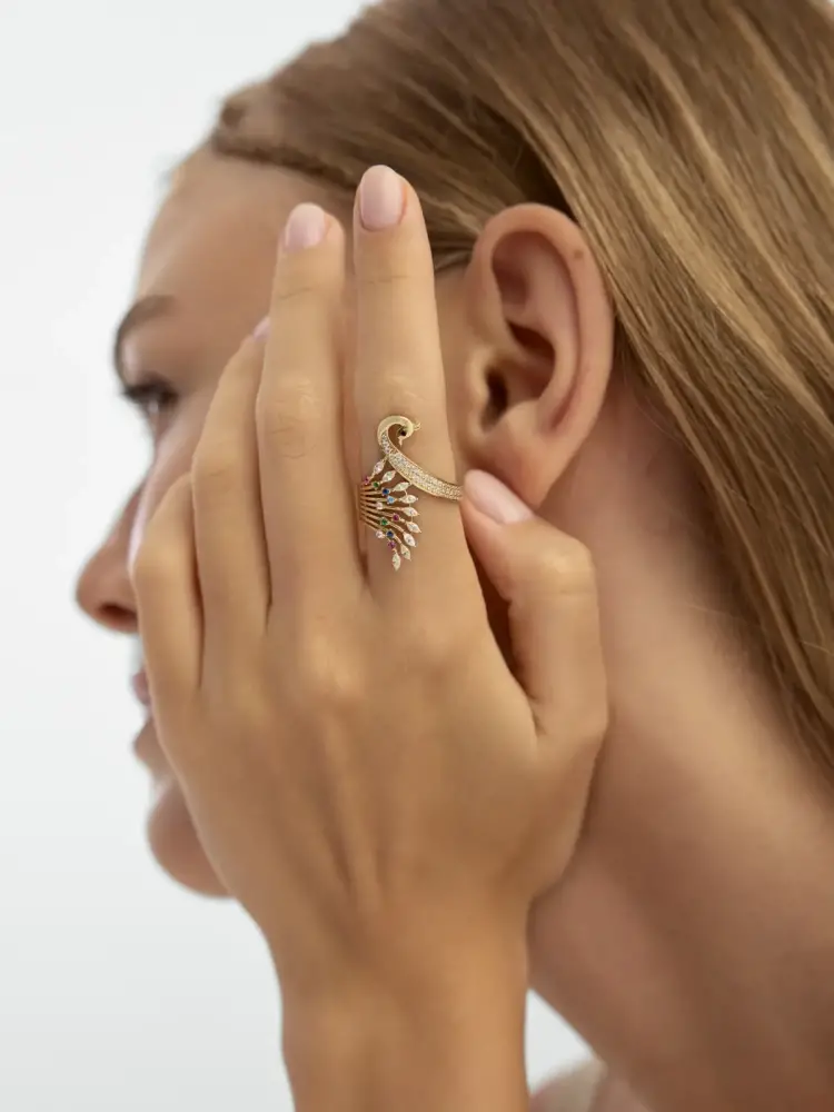 Pavé Taşlı Tavus Kuşu Figürlü 14K Altın Yüzük - 5