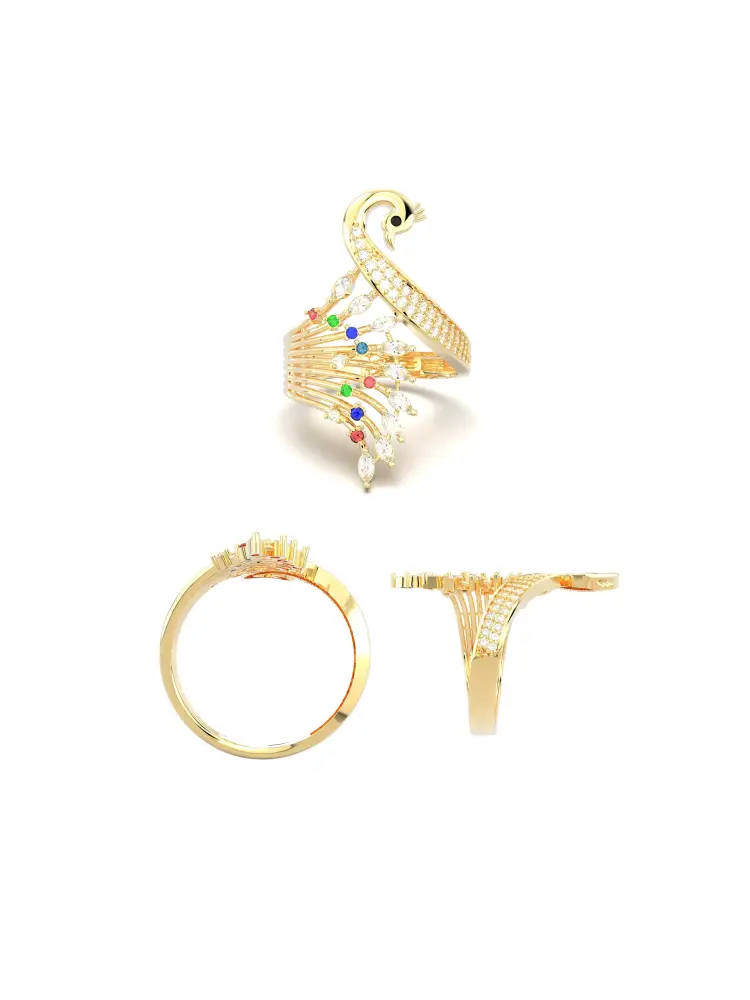 Pavé Taşlı Tavus Kuşu Figürlü 14K Altın Yüzük - 9