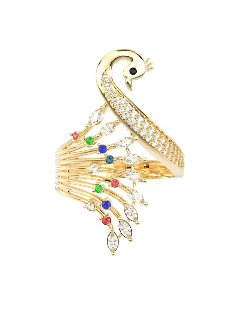 Pavé Taşlı Tavus Kuşu Figürlü 14K Altın Yüzük - 6