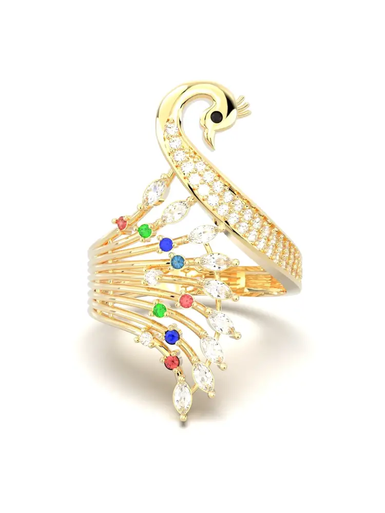 Pavé Taşlı Tavus Kuşu Figürlü 14K Altın Yüzük - 1