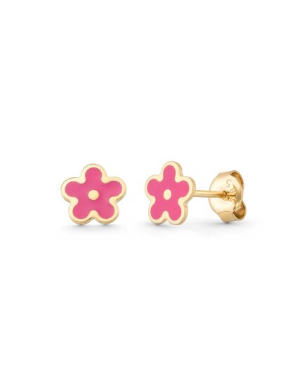 Pink Enamel Flower 14K Gold Kids Earrings - 