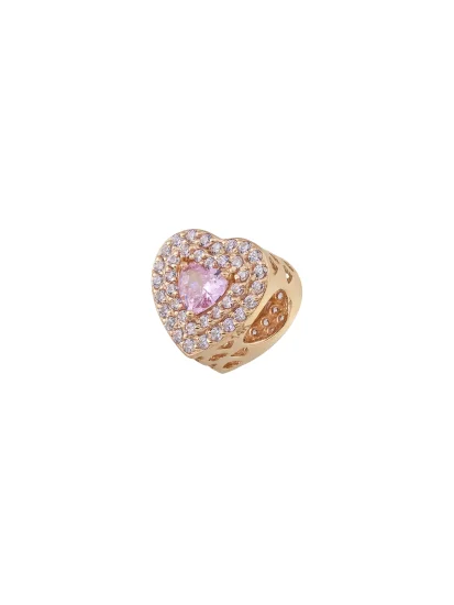 Pink Heart Stone Pavé Heart 14K Gold Charm - (1)