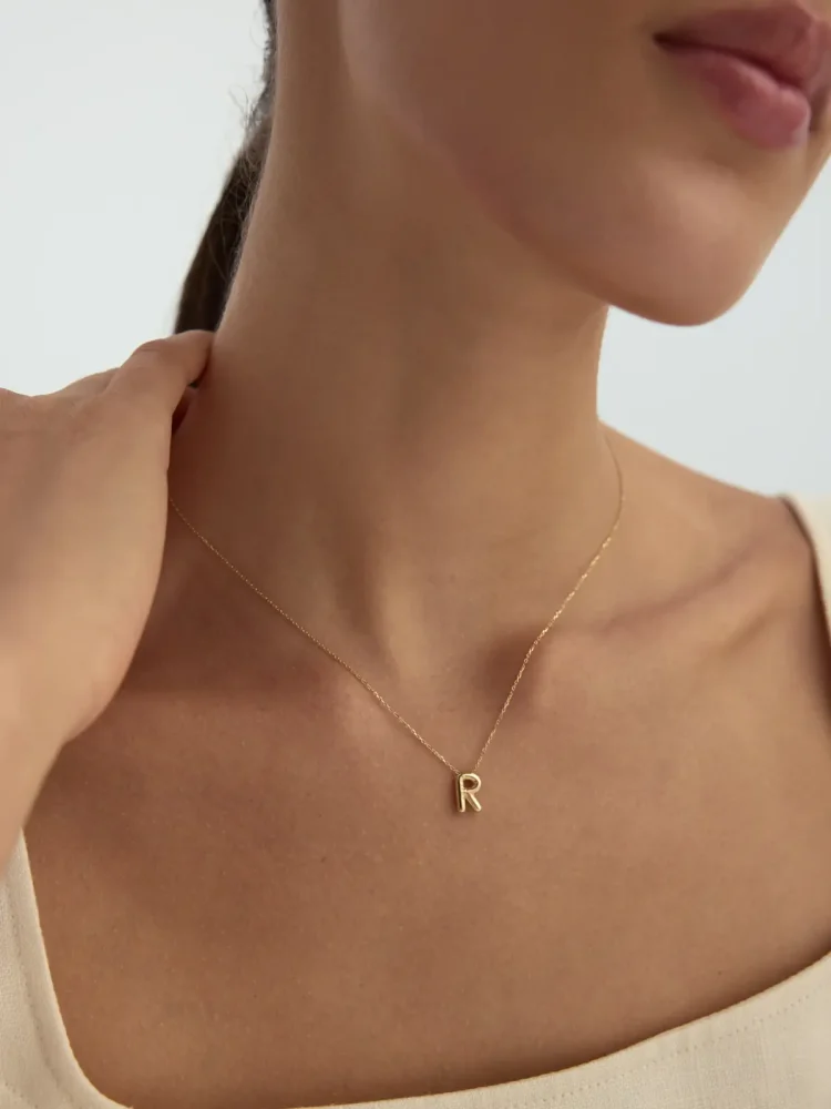 R Harfi Sade 14K Altın Harf Kolye - 2