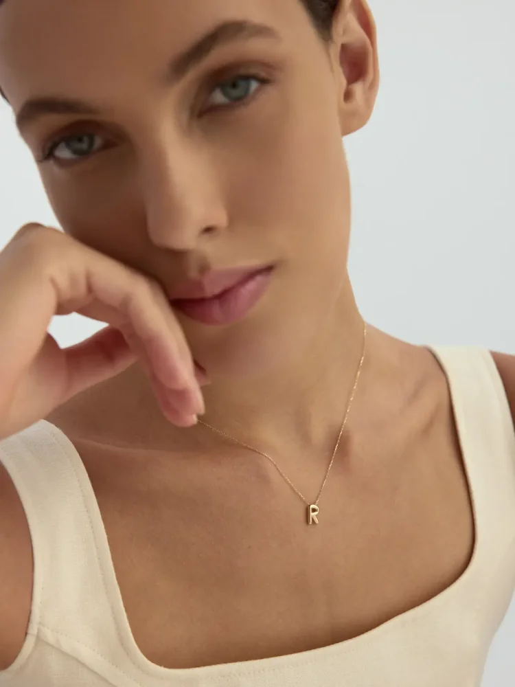 R Harfi Sade 14K Altın Harf Kolye - 3
