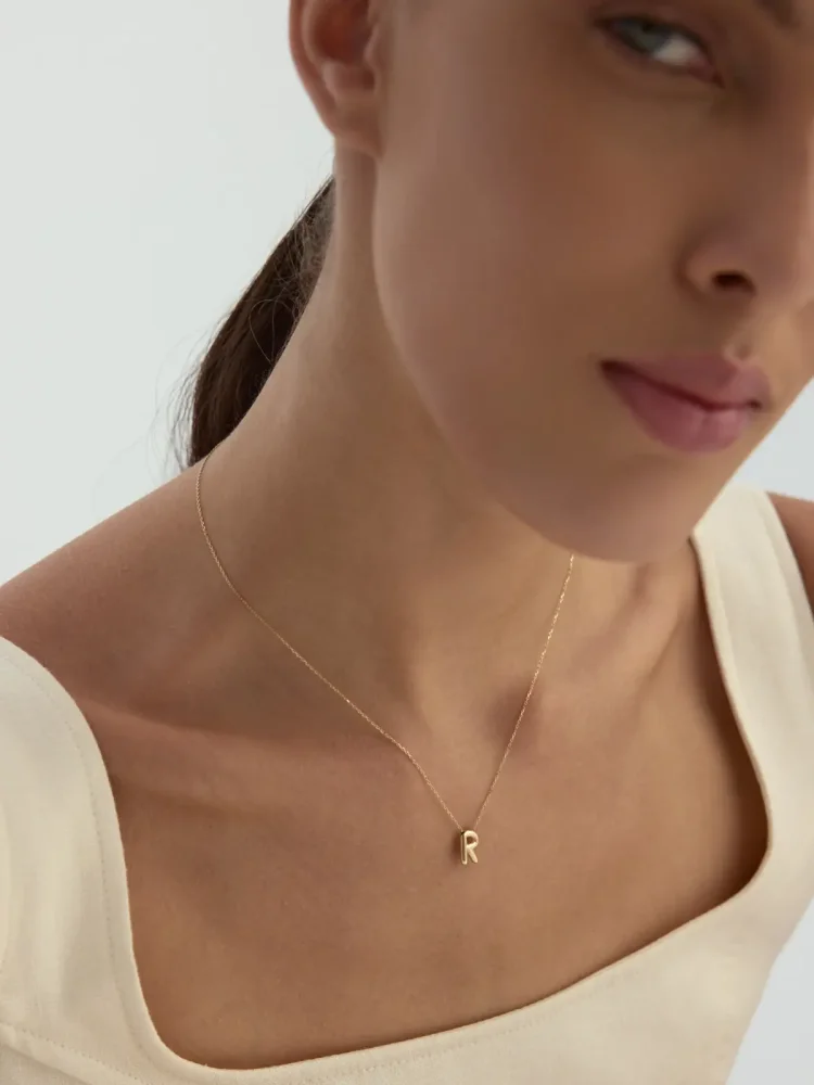 R Harfi Sade 14K Altın Harf Kolye - 4
