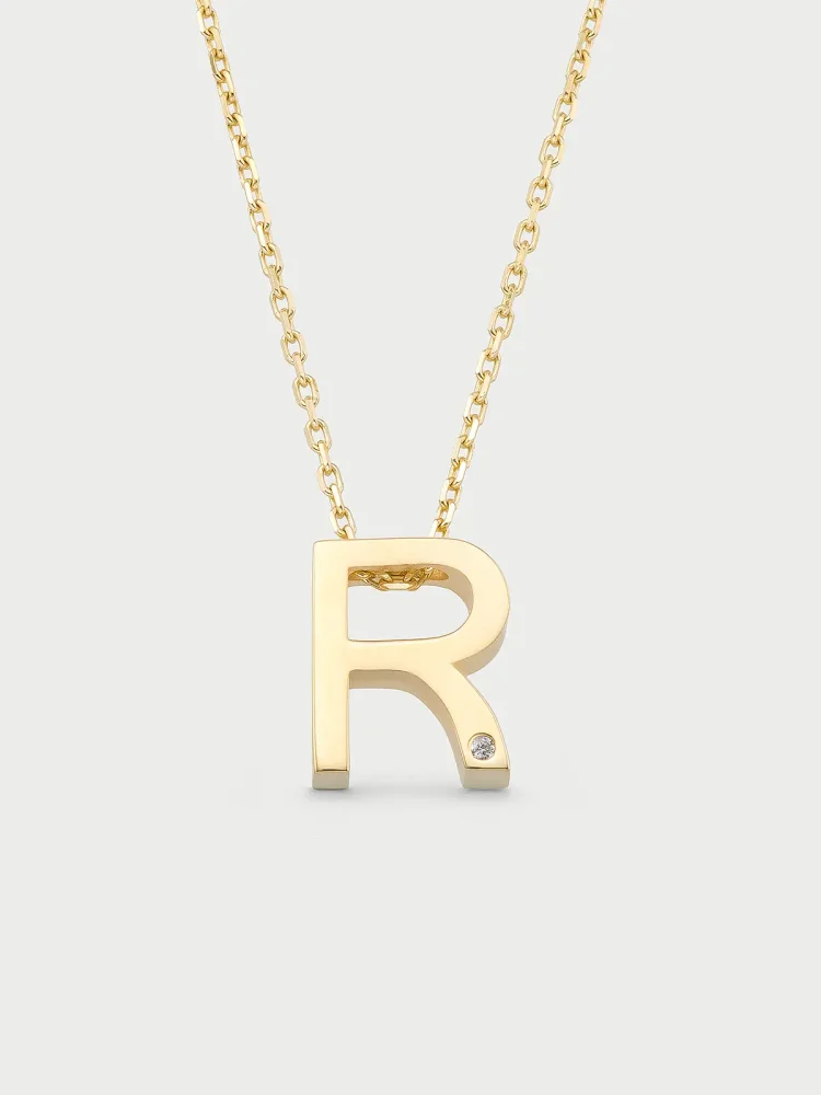 R Harfi Taşlı 14K Altın Harf Kolye - 1