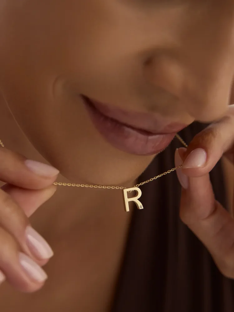 R Harfi Taşlı 14K Altın Harf Kolye - 2