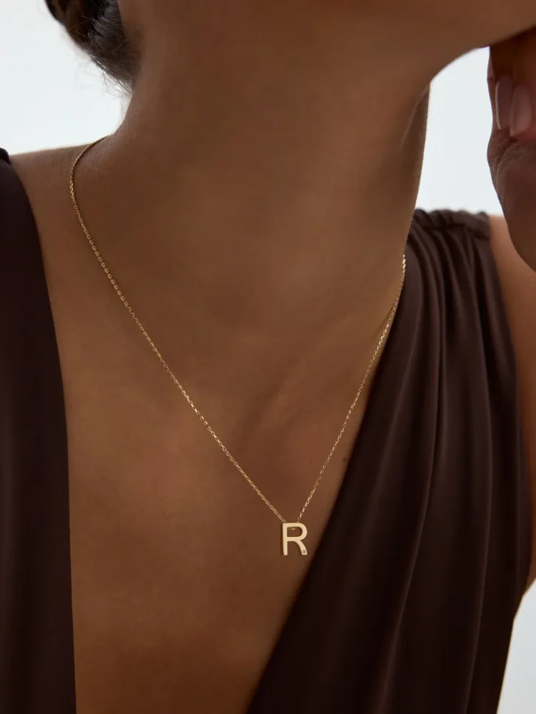 R Harfi Taşlı 14K Altın Harf Kolye - 3