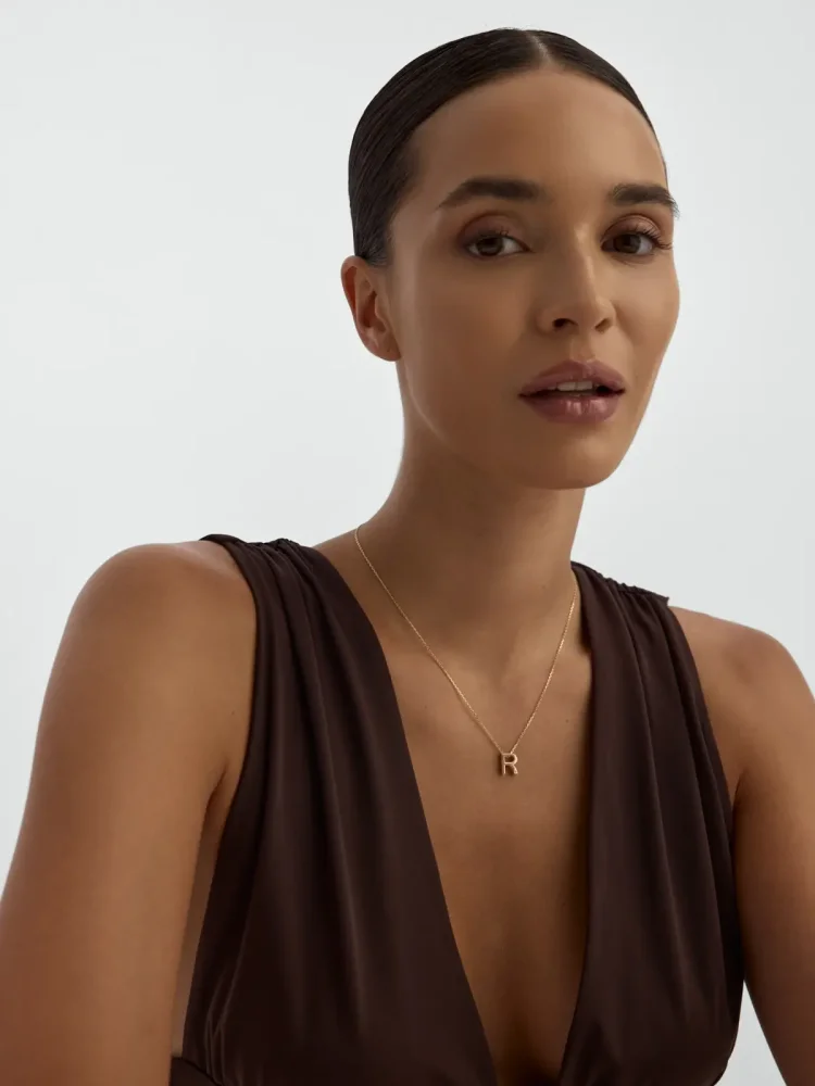 R Harfi Taşlı 14K Altın Harf Kolye - 4