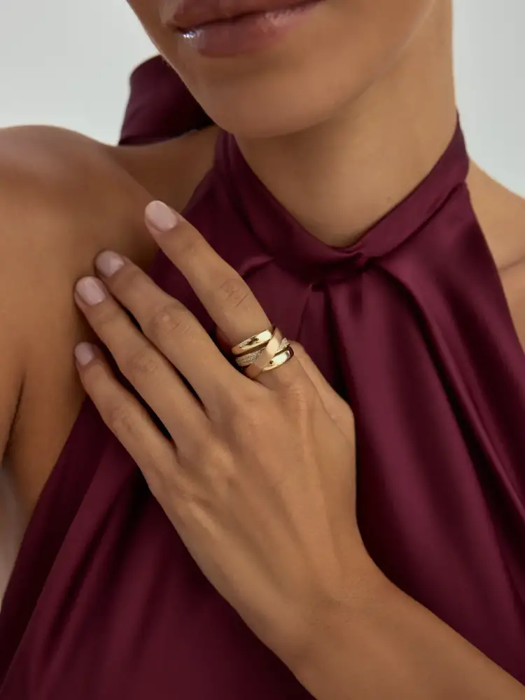 Rose–Sarı Altın İki Renkli Çift Sıra Taşlı 14K Altın Yüzük - 3