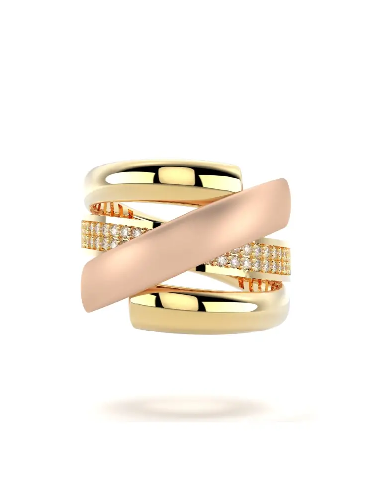 Rose–Sarı Altın İki Renkli Çift Sıra Taşlı 14K Altın Yüzük - 5