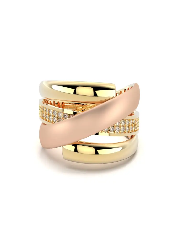 Rose–Sarı Altın İki Renkli Çift Sıra Taşlı 14K Altın Yüzük - 1