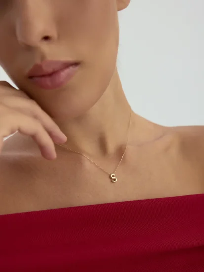 S Harfi Sade 14K Altın Harf Kolye - (1)