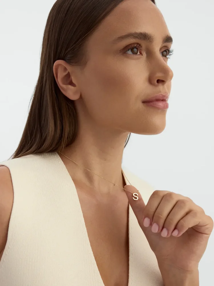 S Harfi Taşlı 14K Altın Harf Kolye - 3