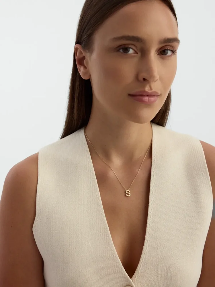 S Harfi Taşlı 14K Altın Harf Kolye - 4