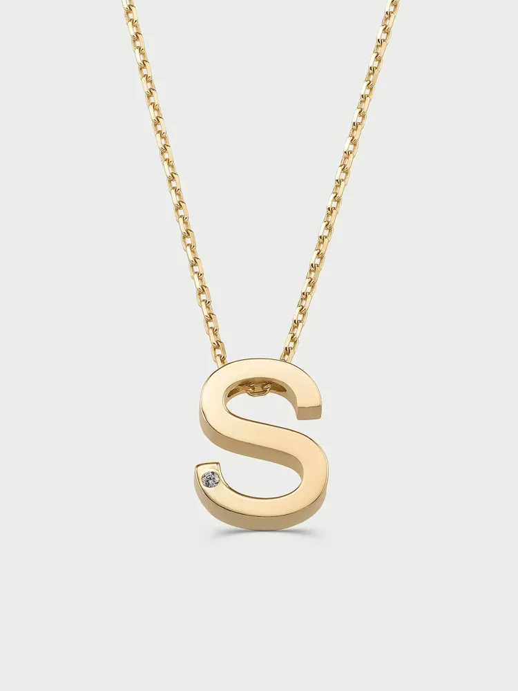 S Harfi Taşlı 14K Altın Harf Kolye - 1