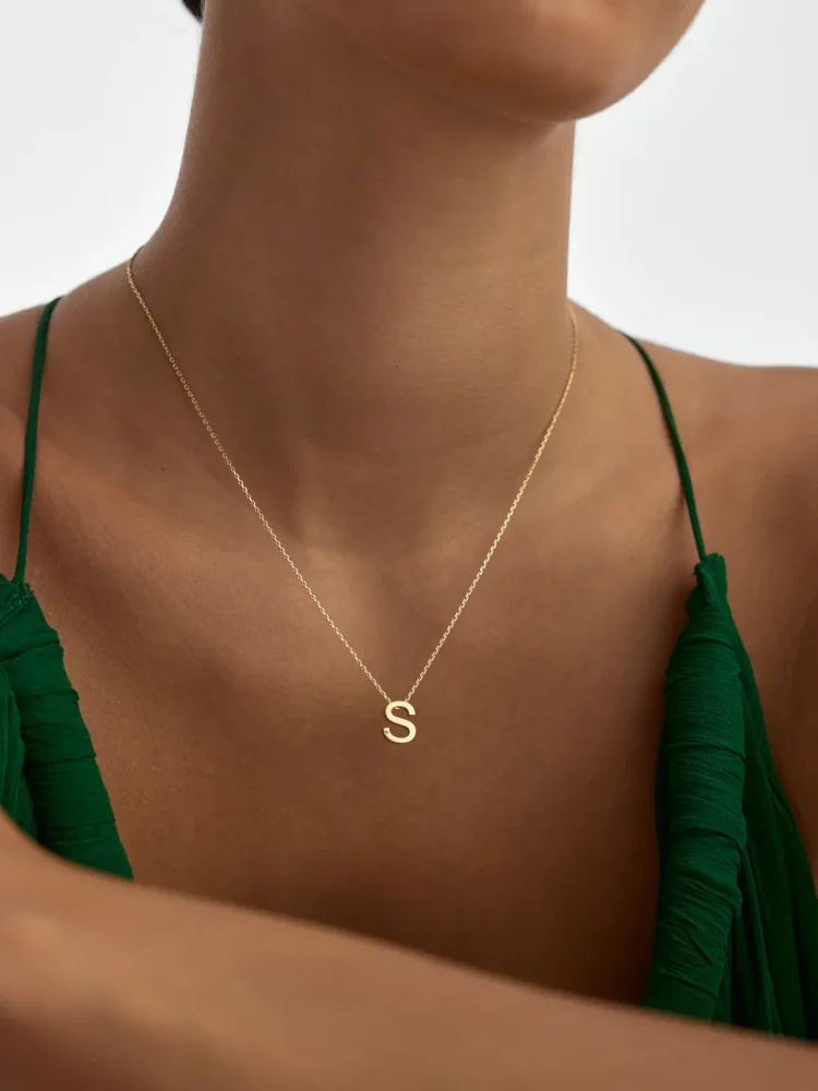 S Harfi Taşlı 14K Altın Harf Kolye - 2