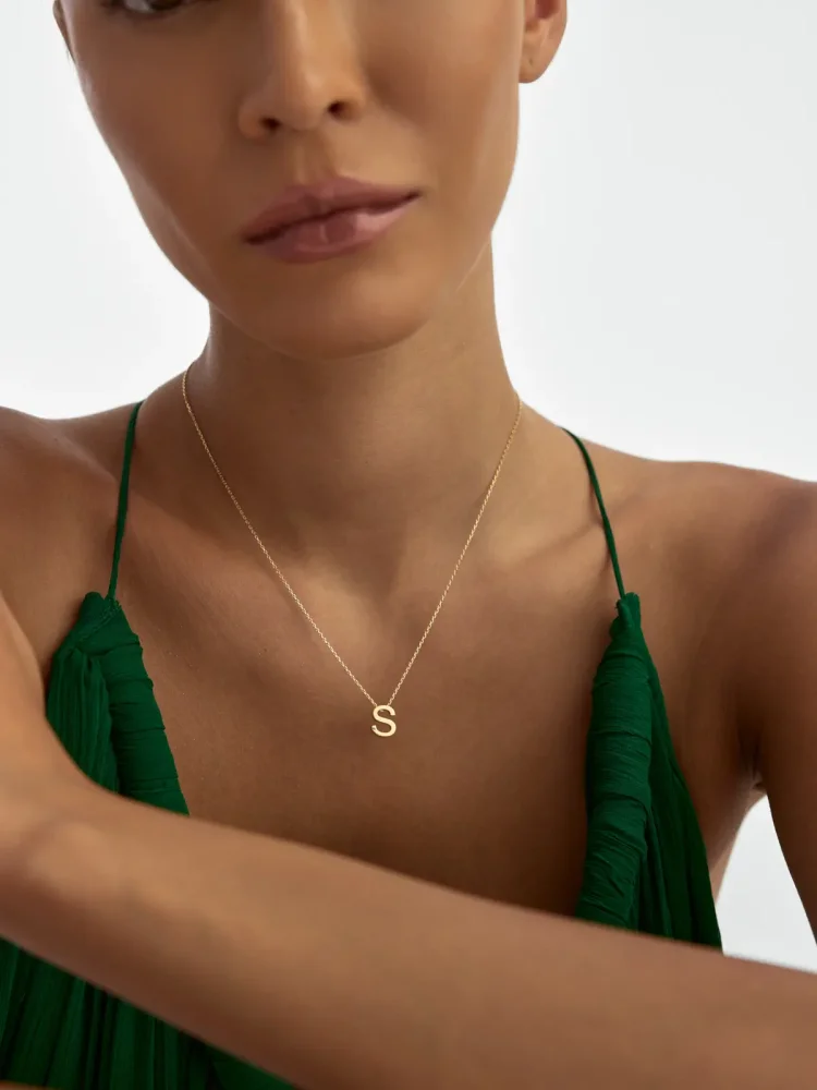 S Harfi Taşlı 14K Altın Harf Kolye - 3