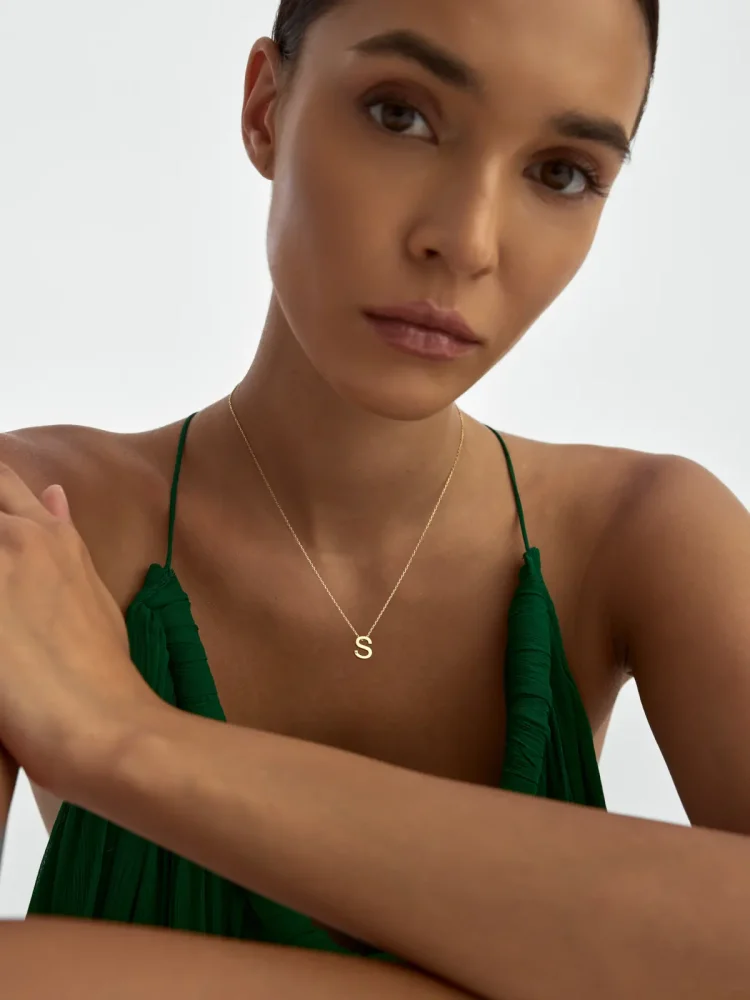 S Harfi Taşlı 14K Altın Harf Kolye - 4