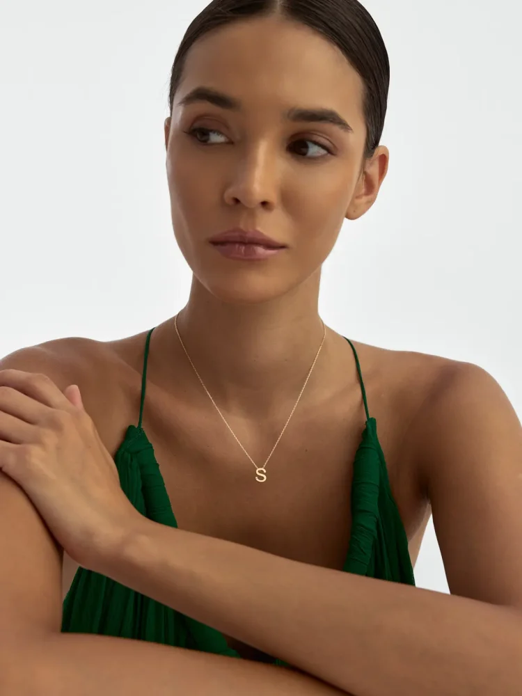 S Harfi Taşlı 14K Altın Harf Kolye - 5