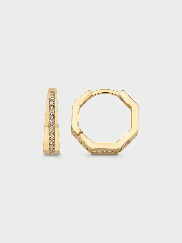 Sekizgen Form Sıralı Taşlı Halka 14K Altın Küpe - 1