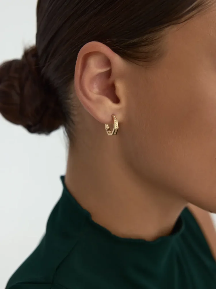 Sekizgen Form Sıralı Taşlı Halka 14K Altın Küpe - 2