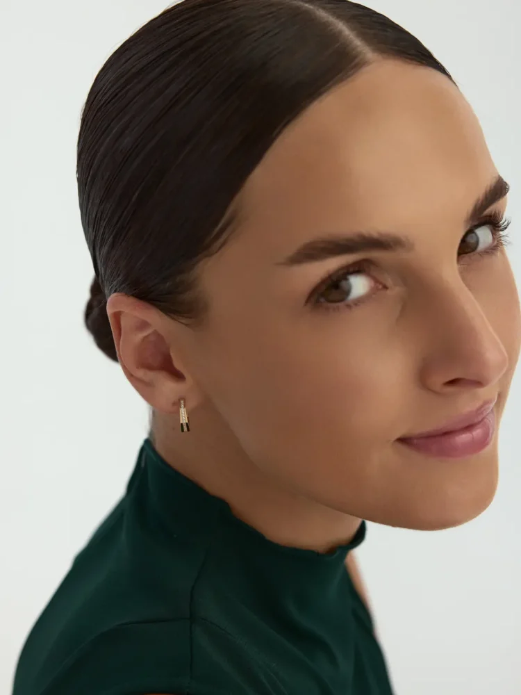 Sekizgen Form Sıralı Taşlı Halka 14K Altın Küpe - 4