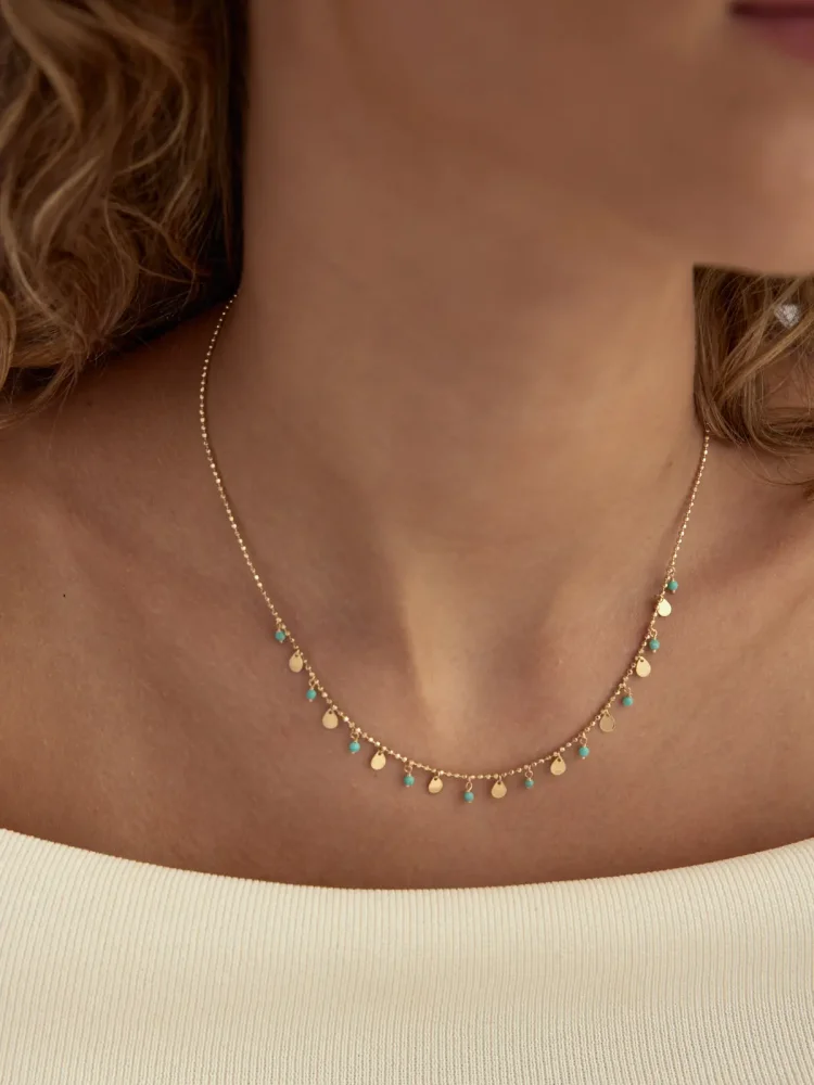 Sıra Dorika Toplu Firuze Taşlı Sallantılı Pullu 14K Altın Kolye - 2