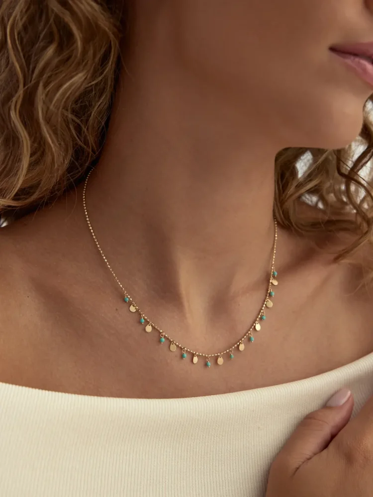 Sıra Dorika Toplu Firuze Taşlı Sallantılı Pullu 14K Altın Kolye - 3