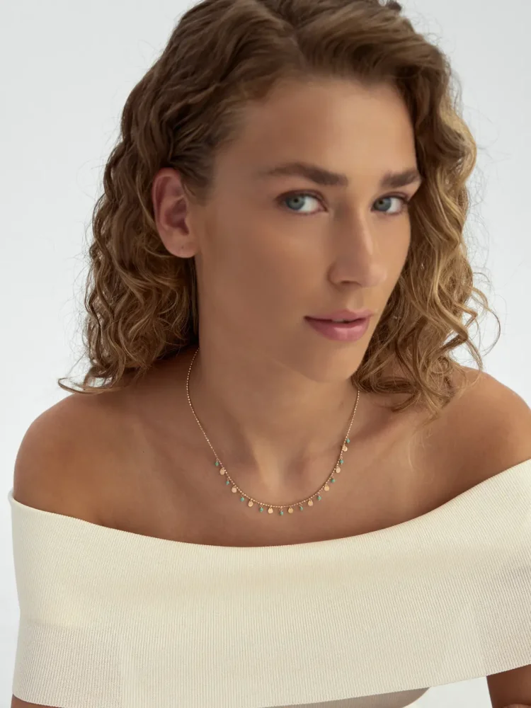 Sıra Dorika Toplu Firuze Taşlı Sallantılı Pullu 14K Altın Kolye - 4