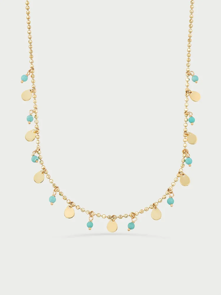 Sıra Dorika Toplu Firuze Taşlı Sallantılı Pullu 14K Altın Kolye - 1