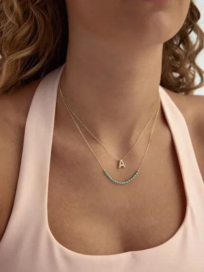 Sıra Dorika Toplu ve Firuze Taşlı 14K Altın Kolye - (1)