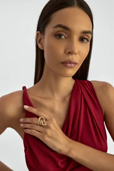 Sıra Taşlı Yarım Kalp Formlu 14K Altın Yüzük - (1)