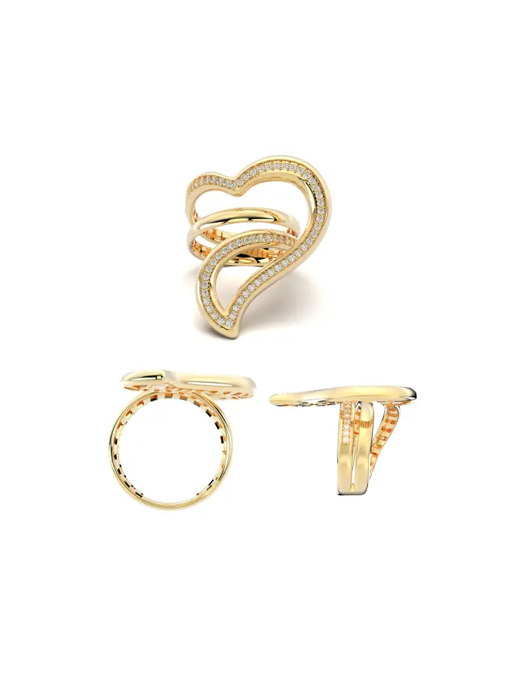 Sıra Taşlı Yarım Kalp Formlu 14K Altın Yüzük - 7