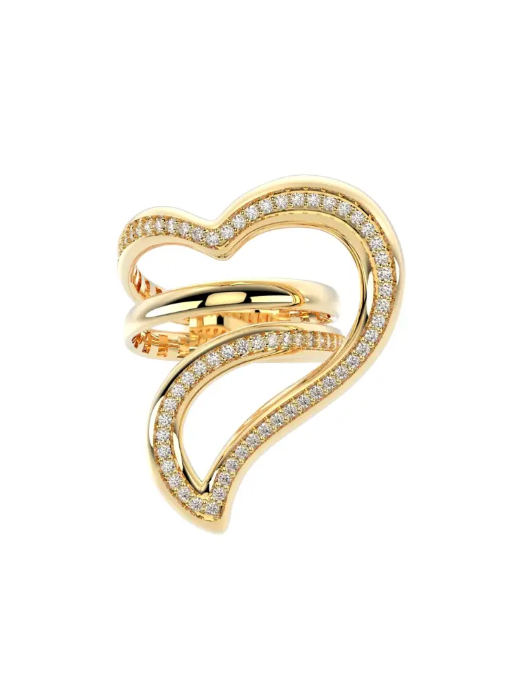 Sıra Taşlı Yarım Kalp Formlu 14K Altın Yüzük - 4