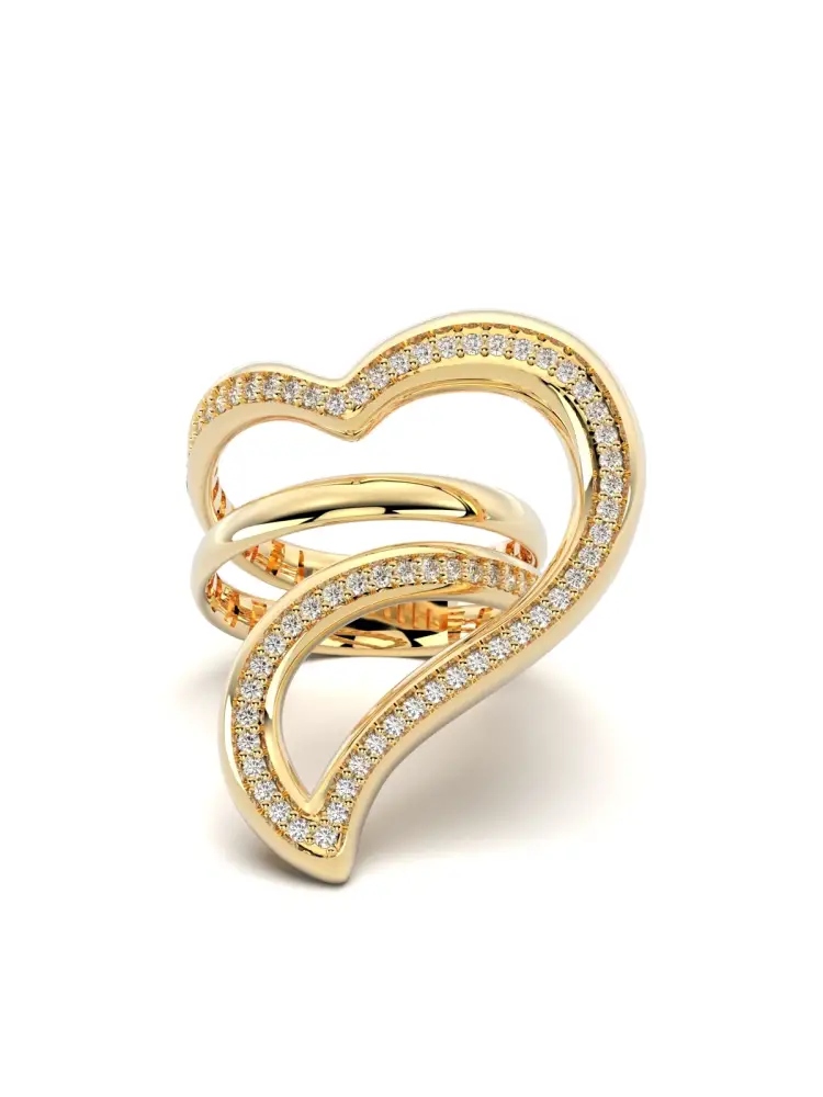 Sıra Taşlı Yarım Kalp Formlu 14K Altın Yüzük - 1