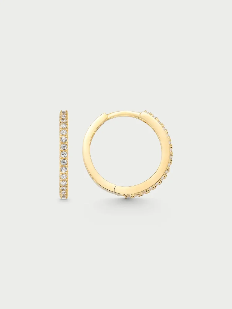 Sıralı Beyaz Taşlı İnce Halka 14K Altın Küpe - 1