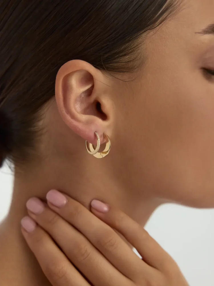 Sıralı Beyaz Taşlı İnce Halka 14K Altın Küpe - 2