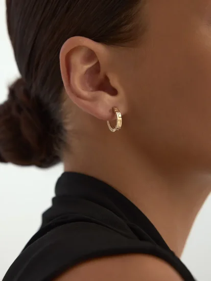 Sıralı Taşlı Desenli Halka 14K Altın Küpe - (1)