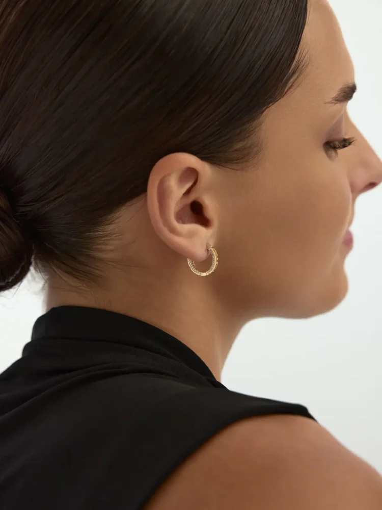 Sıralı Taşlı Desenli Halka 14K Altın Küpe - 3